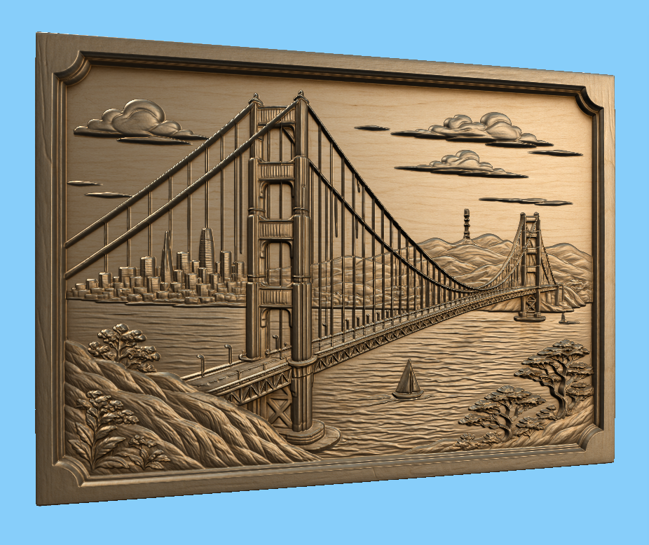 CNC & impression 3D relief pont Golden Gate, San Francisco skyline, baie et voilier, sculpture bois fichier STL de haute qualité