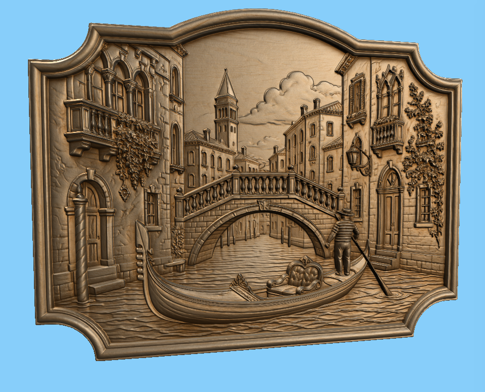 Fichier CNC & impression 3D bas-relief Venise gondole, décor mural canal italien, modèle 3D STL très haute qualité