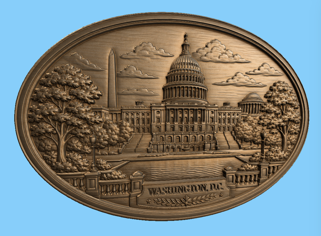 CNC & impression 3D relief Washington D.C., Capitole américain, monuments USA, plaque ovale sculpture bois fichier STL haute qualité