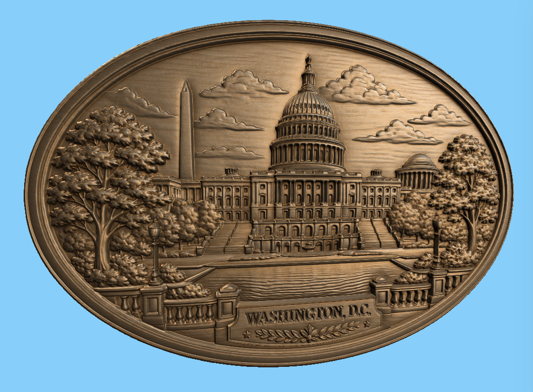 CNC & impression 3D relief Washington D.C., Capitole américain, monuments USA, plaque ovale sculpture bois fichier STL haute qualité