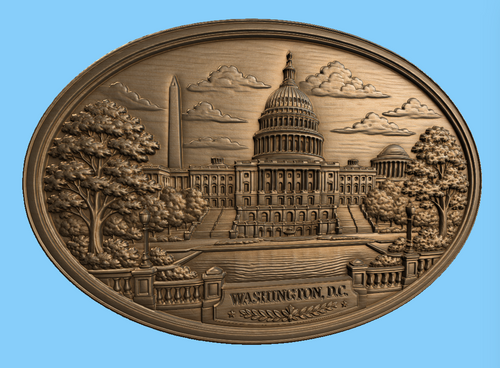 CNC & impression 3D relief Washington D.C., Capitole américain, monuments USA, plaque ovale sculpture bois fichier STL haute qualité