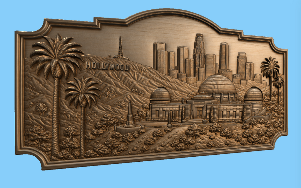 CNC & impression 3D relief Hollywood Los Angeles, skyline, observatoire Griffith, palmiers, fichier STL haute qualité