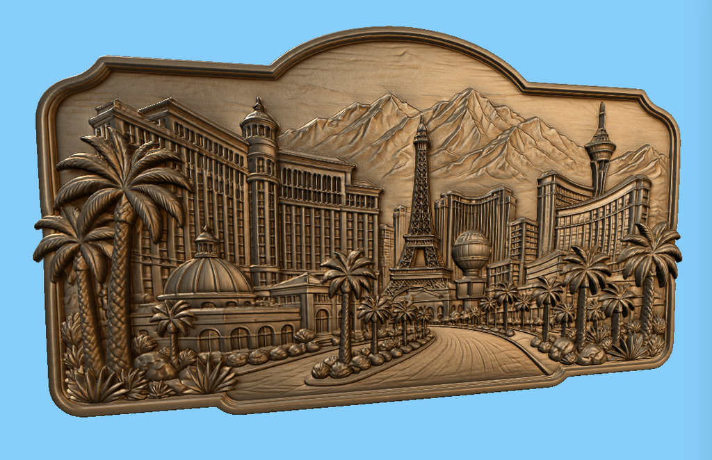 CNC & impression 3D relief Las Vegas Strip, skyline, hôtels, palmiers et montagnes, sculpture bois fichier STL haute qualité