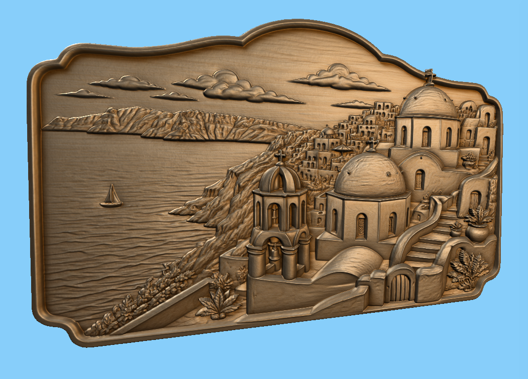 CNC & impression 3D relief Santorin, village grec, églises à dômes et mer Égée, sculpture bois fichier STL haute qualité