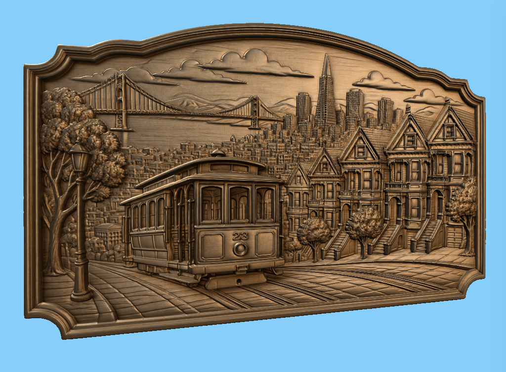 CNC & impression 3D relief San Francisco, cable car, maisons victoriennes et Golden Gate, sculpture bois fichier STL haute qualité