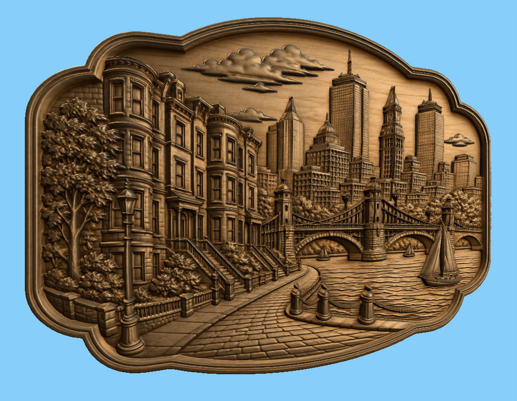 CNC & impression 3D relief Boston waterfront, skyline, pont, voilier et maisons historiques, fichier STL haute qualité