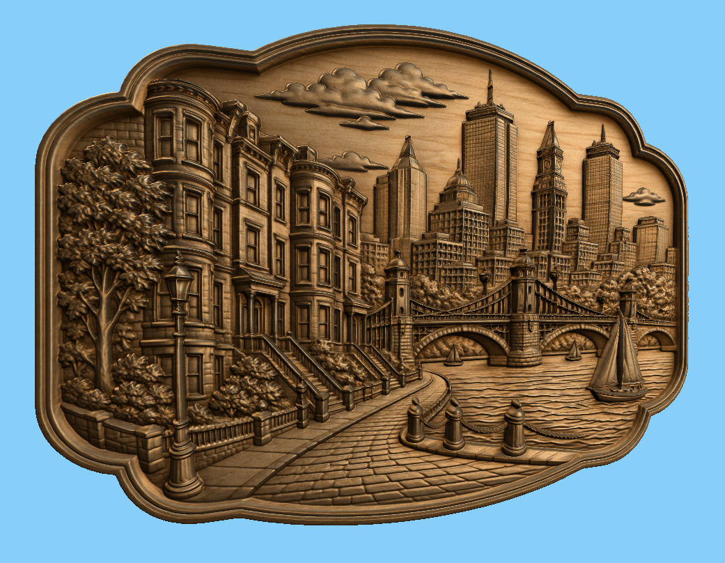 CNC & impression 3D relief Boston waterfront, skyline, pont, voilier et maisons historiques, fichier STL haute qualité