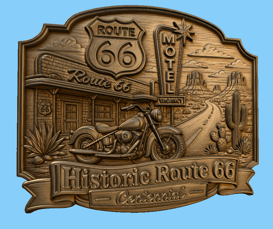 CNC & impression 3D relief Route 66 Centennial, moto vintage, motel et désert américain, sculpture bois fichier STL haute qualité