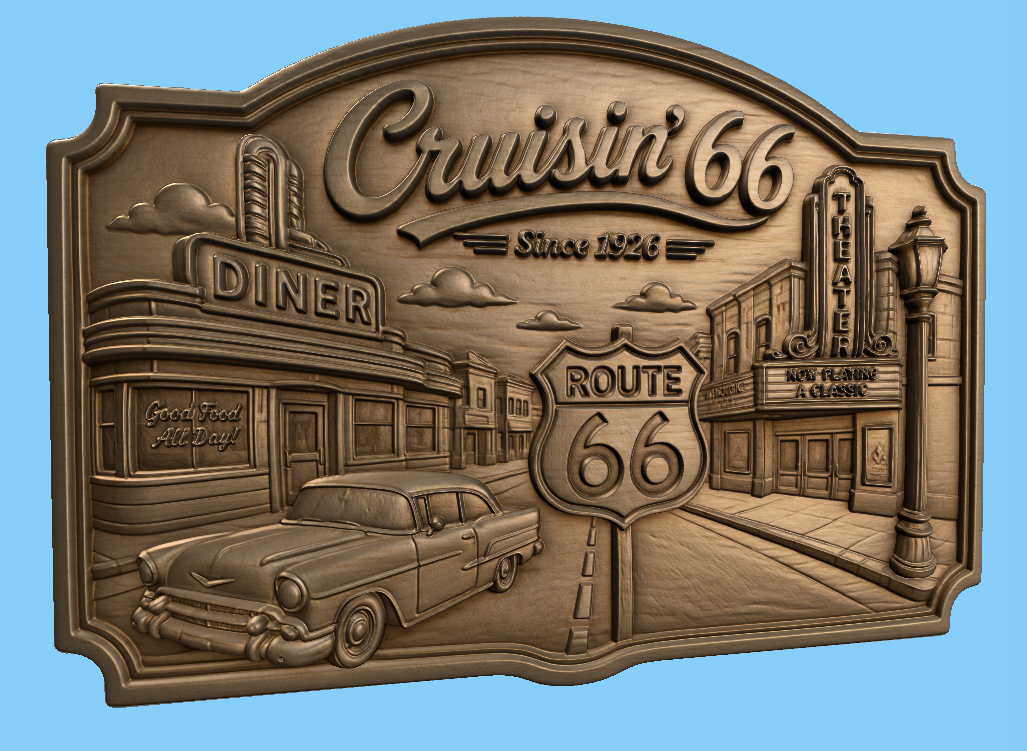 CNC & impression 3D relief Cruisin’ 66, diner vintage, théâtre et voiture classique, sculpture bois fichier STL