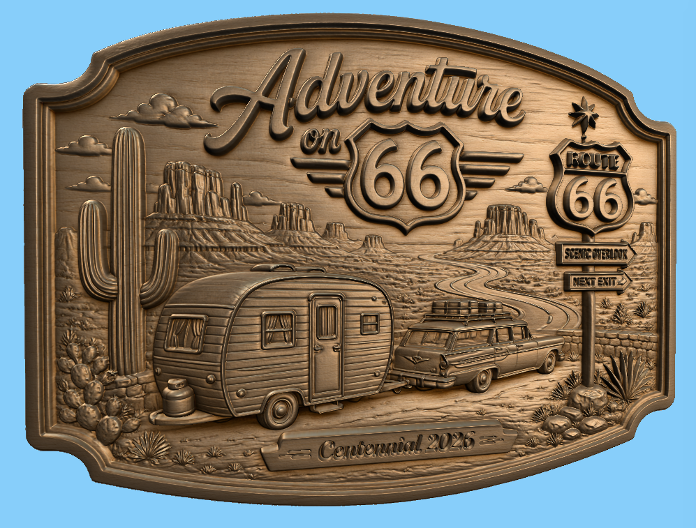 CNC & impression 3D relief Route 66 Adventure, caravane vintage, voiture classique, désert, fichier STL de haute qualité