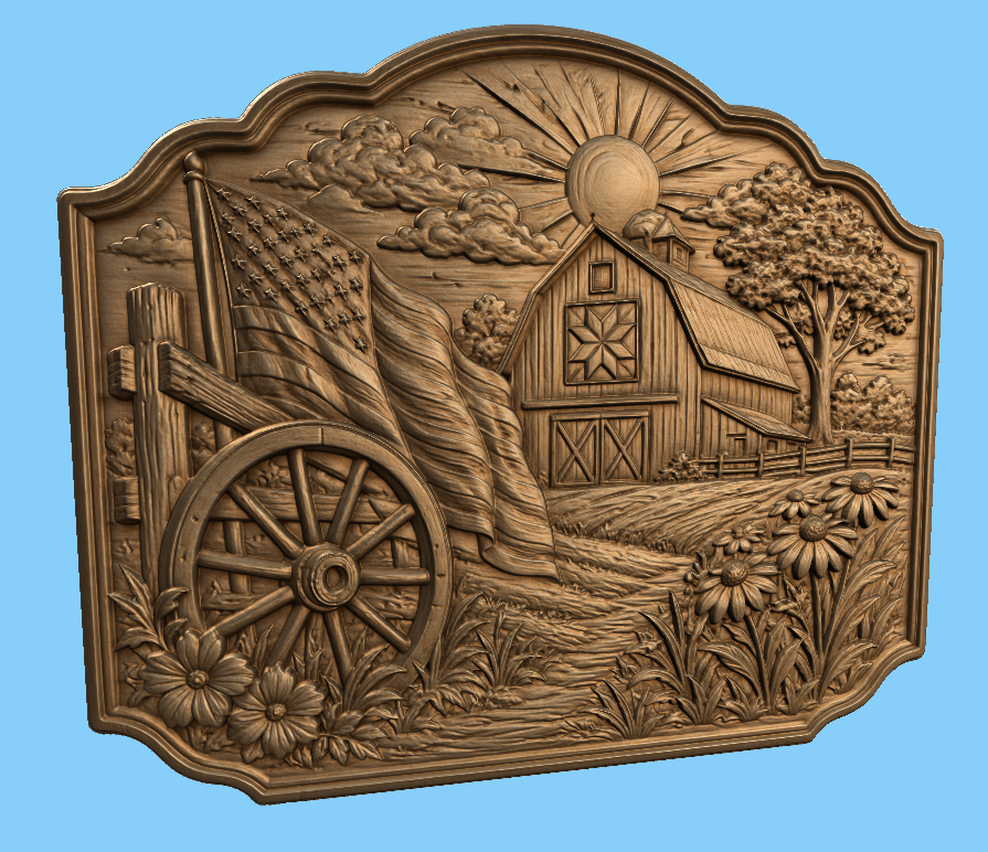 CNC & impression 3D relief ferme américaine, grange country avec drapeau et roue de chariot, fichier STL haute qualité