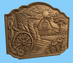 CNC & impression 3D relief ferme américaine, grange country avec drapeau et roue de chariot, fichier STL haute qualité