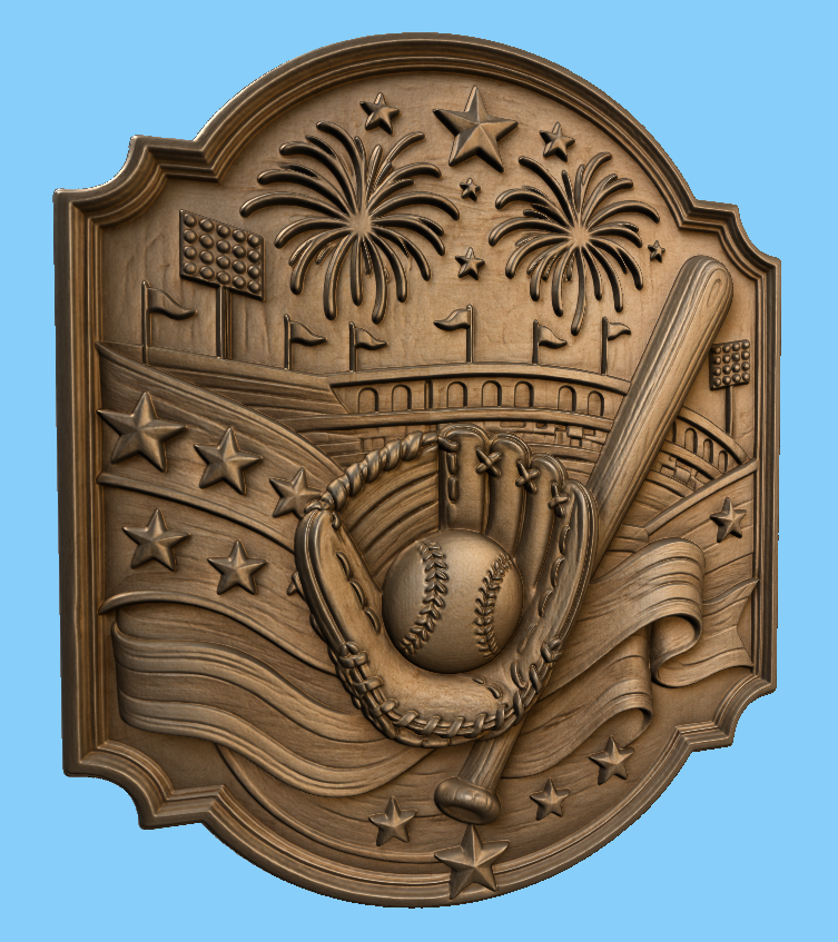 CNC & impression 3D relief baseball, gant, batte, balle, stade et feux d’artifice, sculpture bois fichier STL de haute qualité
