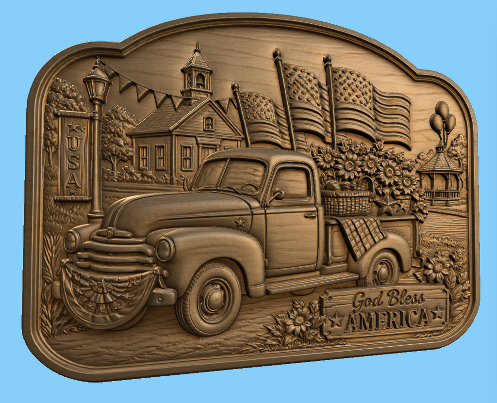 CNC & impression 3D relief God Bless America, pickup vintage, drapeaux USA et fleurs, sculpture bois fichier STL de haute qualité