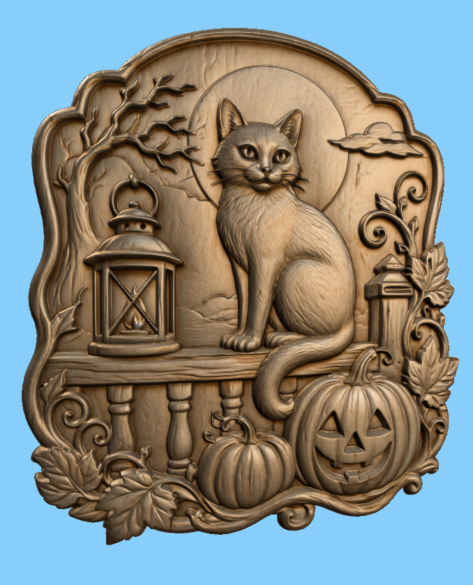 CNC & impression 3D relief chat Halloween avec citrouilles, lanterne et feuilles d’automne, fichier STL très haute qualité