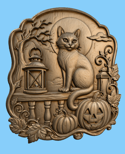CNC & impression 3D relief chat Halloween avec citrouilles, lanterne et feuilles d’automne, fichier STL très haute qualité