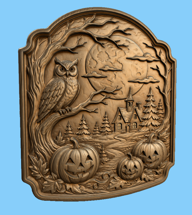 CNC & impression 3D relief Halloween avec chouette, maison hantée, pleine lune et citrouilles, fichier STL haute qualité