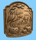 CNC & impression 3D relief Halloween avec chouette, maison hantée, pleine lune et citrouilles, fichier STL haute qualité