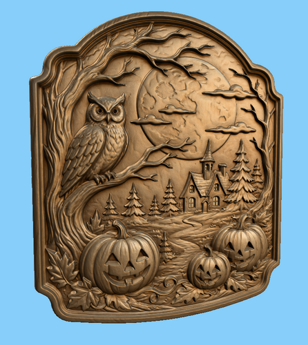 CNC & impression 3D relief Halloween avec chouette, maison hantée, pleine lune et citrouilles, fichier STL haute qualité