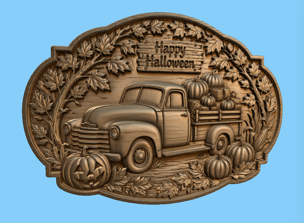 Relief camion vintage Halloween CNC & impression 3D, citrouilles, feuilles d’automne et panneau Happy Halloween, fichier STL haute qualité