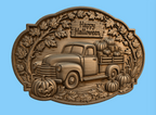 Relief camion vintage Halloween CNC & impression 3D, citrouilles, feuilles d’automne et panneau Happy Halloween, fichier STL haute qualité