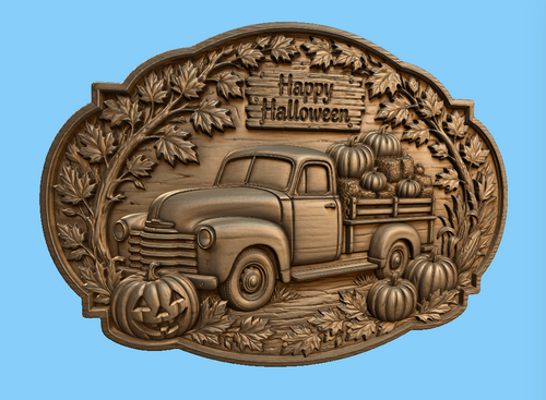 Relief camion vintage Halloween CNC & impression 3D, citrouilles, feuilles d’automne et panneau Happy Halloween, fichier STL haute qualité