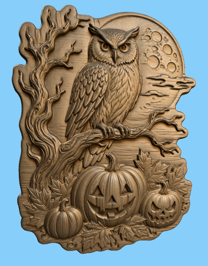 Relief chouette Halloween CNC & impression 3D, citrouilles, pleine lune et feuilles d’automne, fichier STL haute qualité