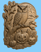 Relief chouette Halloween CNC & impression 3D, citrouilles, pleine lune et feuilles d’automne, fichier STL haute qualité