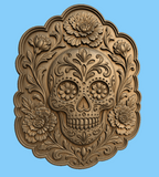 CNC & impression 3D relief crâne floral Sugar Skull, fleurs décoratives et style Día de Muertos, fichier STL haute qualité