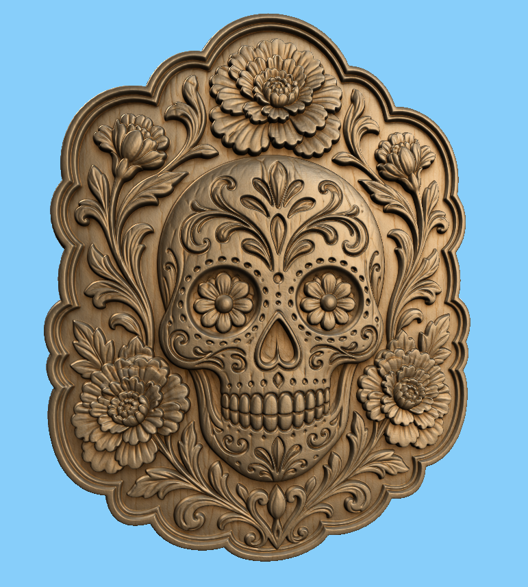 CNC & impression 3D relief crâne floral Sugar Skull, fleurs décoratives et style Día de Muertos, fichier STL haute qualité