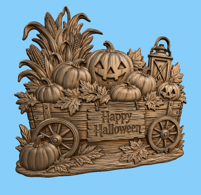 CNC & impression 3D relief chariot Halloween, citrouilles, lanterne et panneau Happy Halloween, fichier STL haute qualité