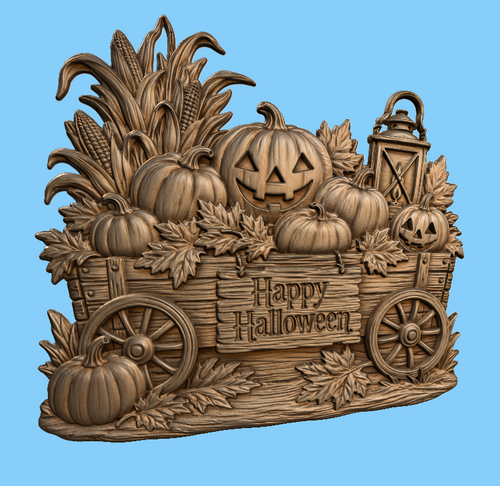 CNC & impression 3D relief chariot Halloween, citrouilles, lanterne et panneau Happy Halloween, fichier STL haute qualité