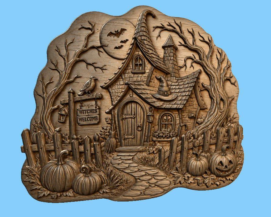 CNC & impression 3D relief maison de sorcière Halloween, citrouilles et panneau Witches Welcome, fichier STL haute qualité