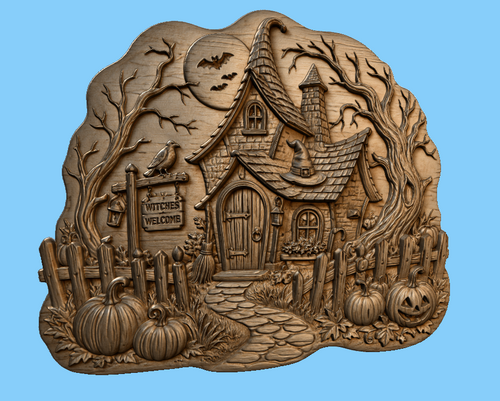 CNC & impression 3D relief maison de sorcière Halloween, citrouilles et panneau Witches Welcome, fichier STL haute qualité