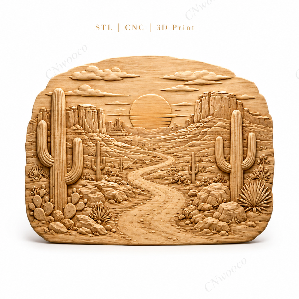 CNC & impression 3D relief désert western, cactus saguaro, route et coucher de soleil, sculpture bois fichier STL haute qualité