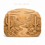 CNC & impression 3D relief désert western, cactus saguaro, route et coucher de soleil, sculpture bois fichier STL haute qualité