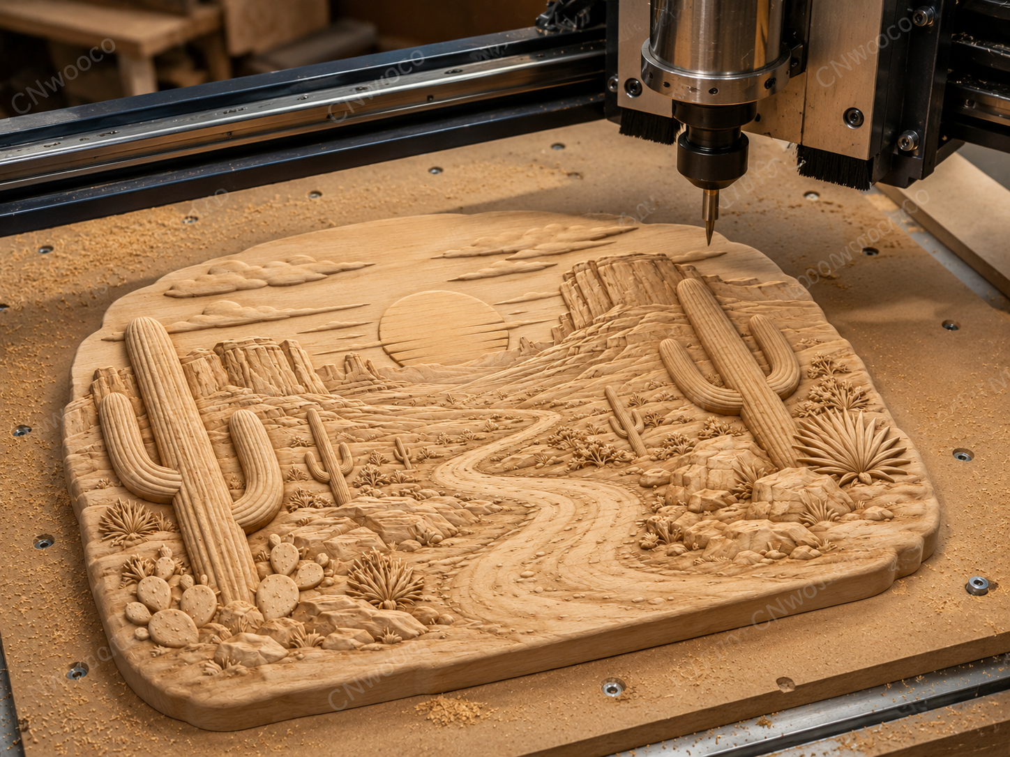 CNC & impression 3D relief désert western, cactus saguaro, route et coucher de soleil, sculpture bois fichier STL haute qualité
