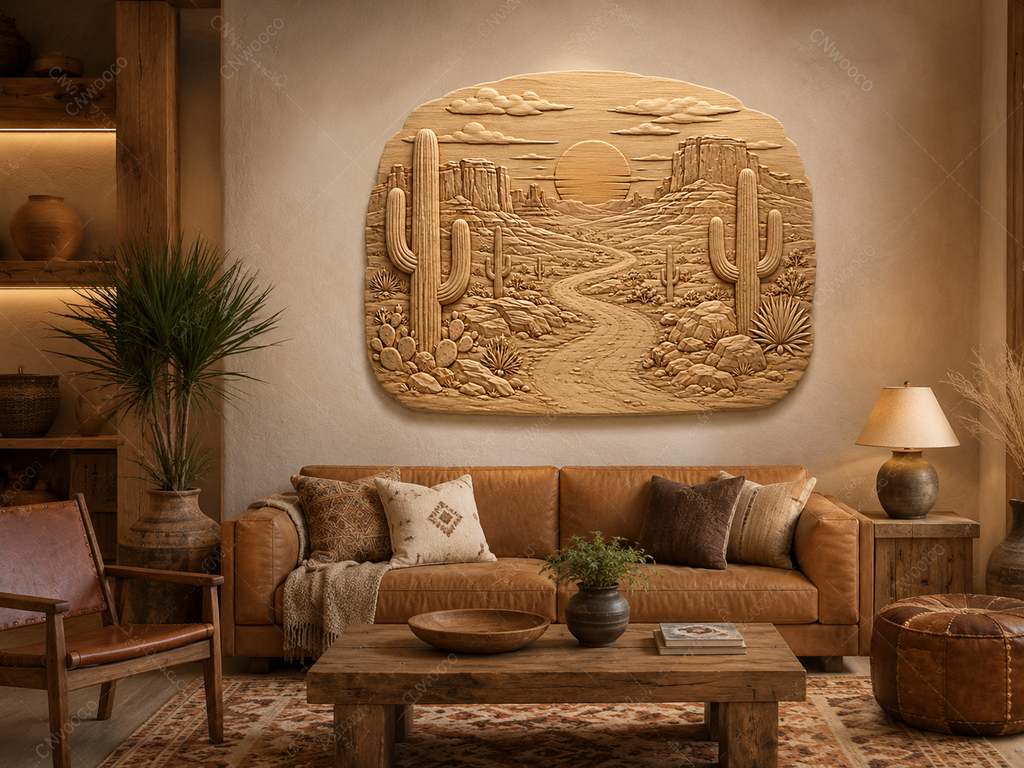 CNC & impression 3D relief désert western, cactus saguaro, route et coucher de soleil, sculpture bois fichier STL haute qualité