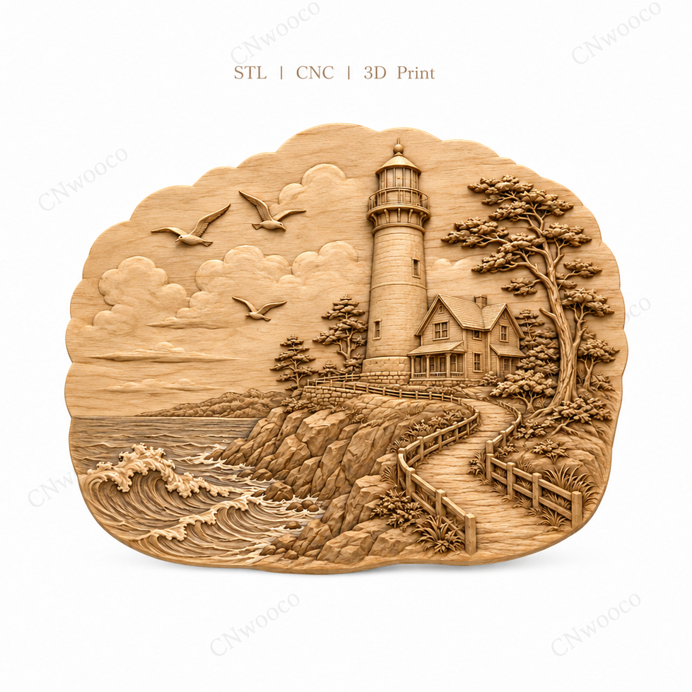 CNC & impression 3D relief phare côtier, maison bord de mer, vagues et chemin, sculpture bois fichier STL haute qualité