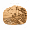 CNC & impression 3D relief phare côtier, maison bord de mer, vagues et chemin, sculpture bois fichier STL haute qualité
