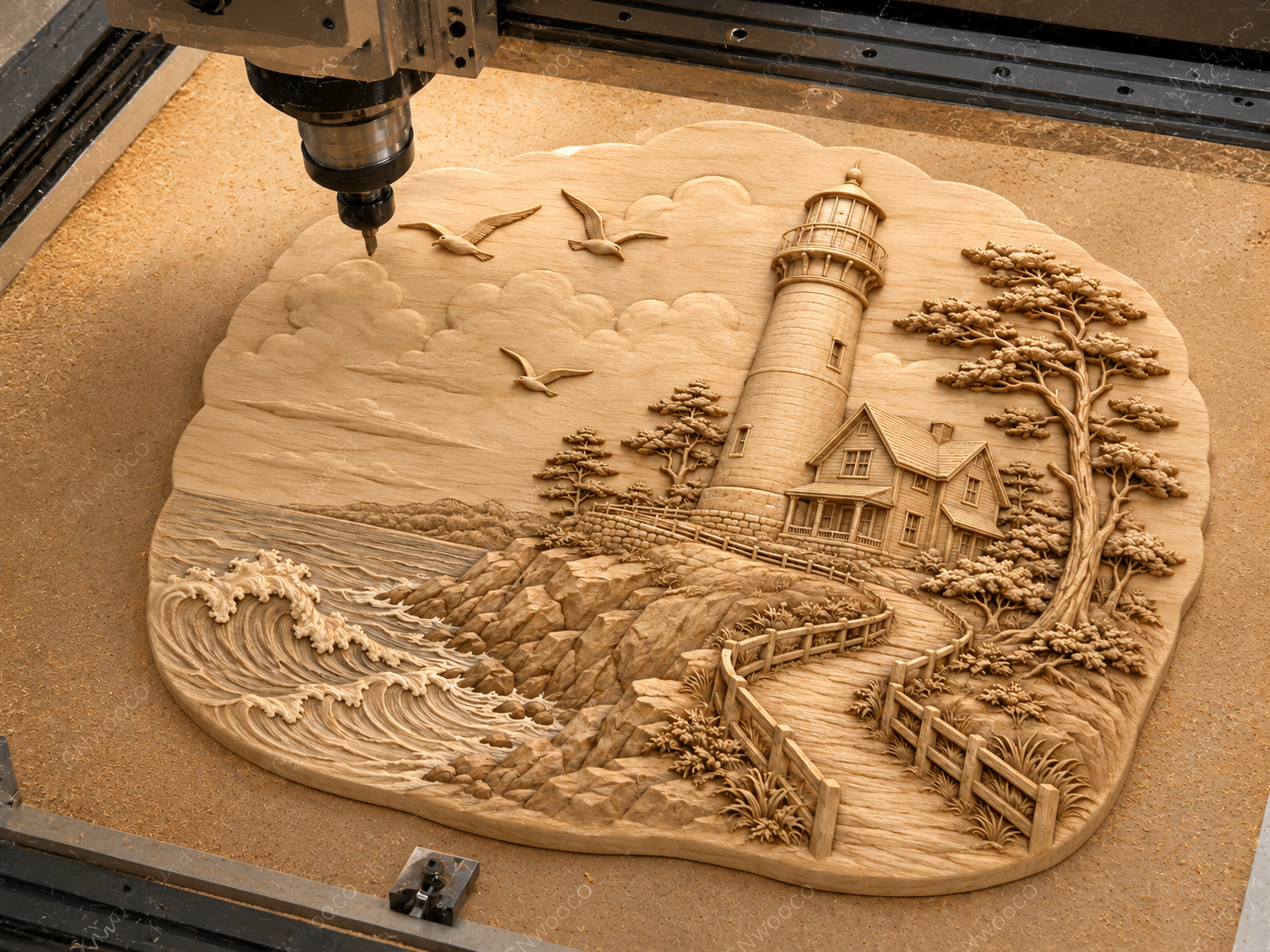 CNC & impression 3D relief phare côtier, maison bord de mer, vagues et chemin, sculpture bois fichier STL haute qualité