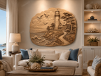 CNC & impression 3D relief phare côtier, maison bord de mer, vagues et chemin, sculpture bois fichier STL haute qualité