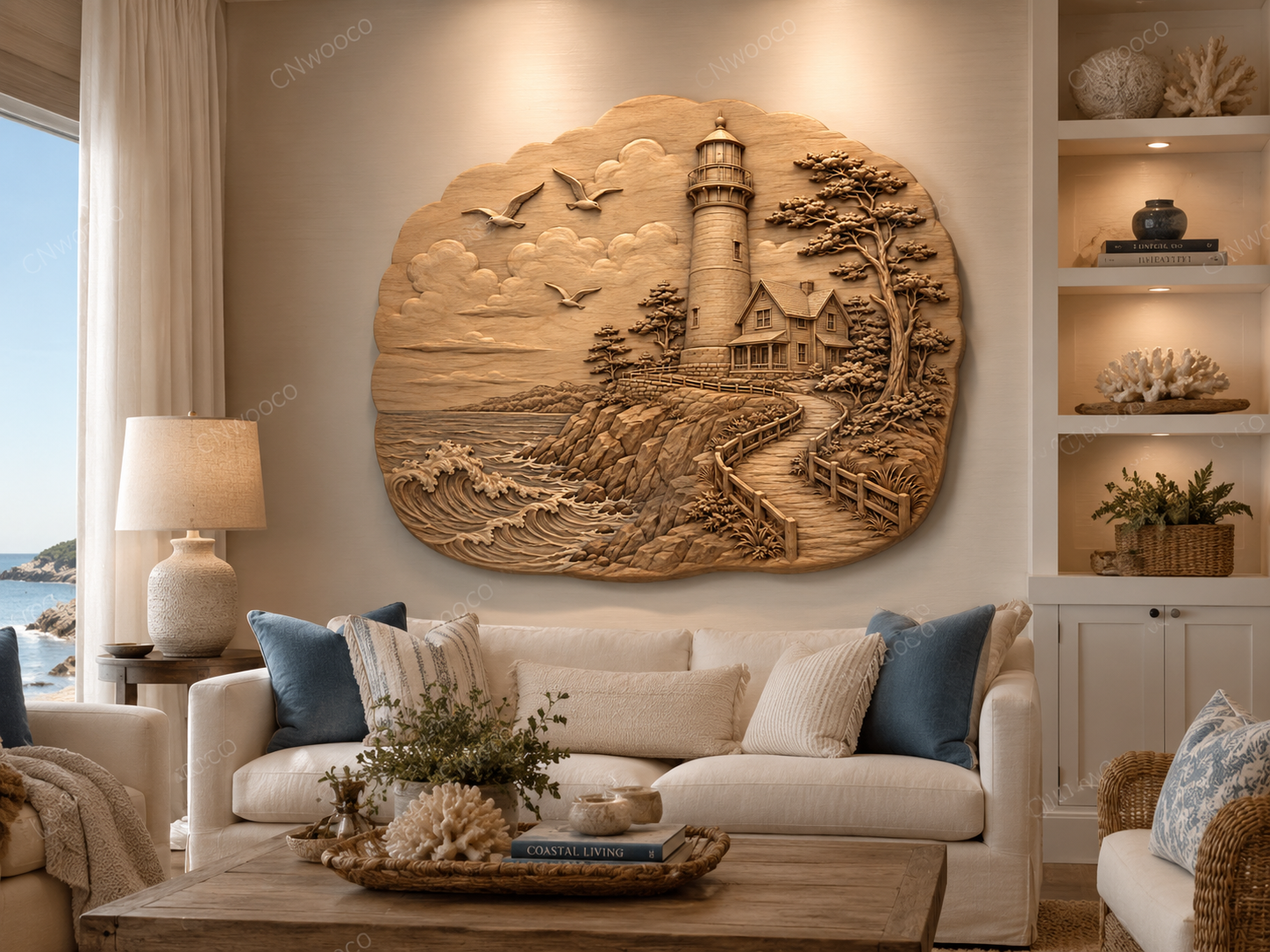 CNC & impression 3D relief phare côtier, maison bord de mer, vagues et chemin, sculpture bois fichier STL haute qualité