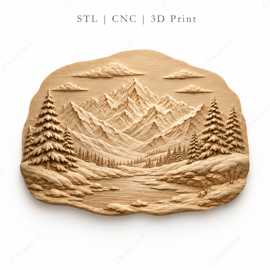 CNC & impression 3D relief montagnes alpines, paysage sapins et lac, décoration nature, sculpture bois fichier STL haute qualité