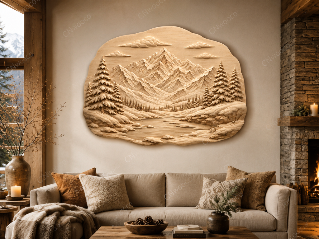CNC & impression 3D relief montagnes alpines, paysage sapins et lac, décoration nature, sculpture bois fichier STL haute qualité