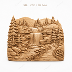 CNC & impression 3D relief cascade en forêt, paysage montagne sapins, chemin nature, sculpture bois fichier STL haute qualité