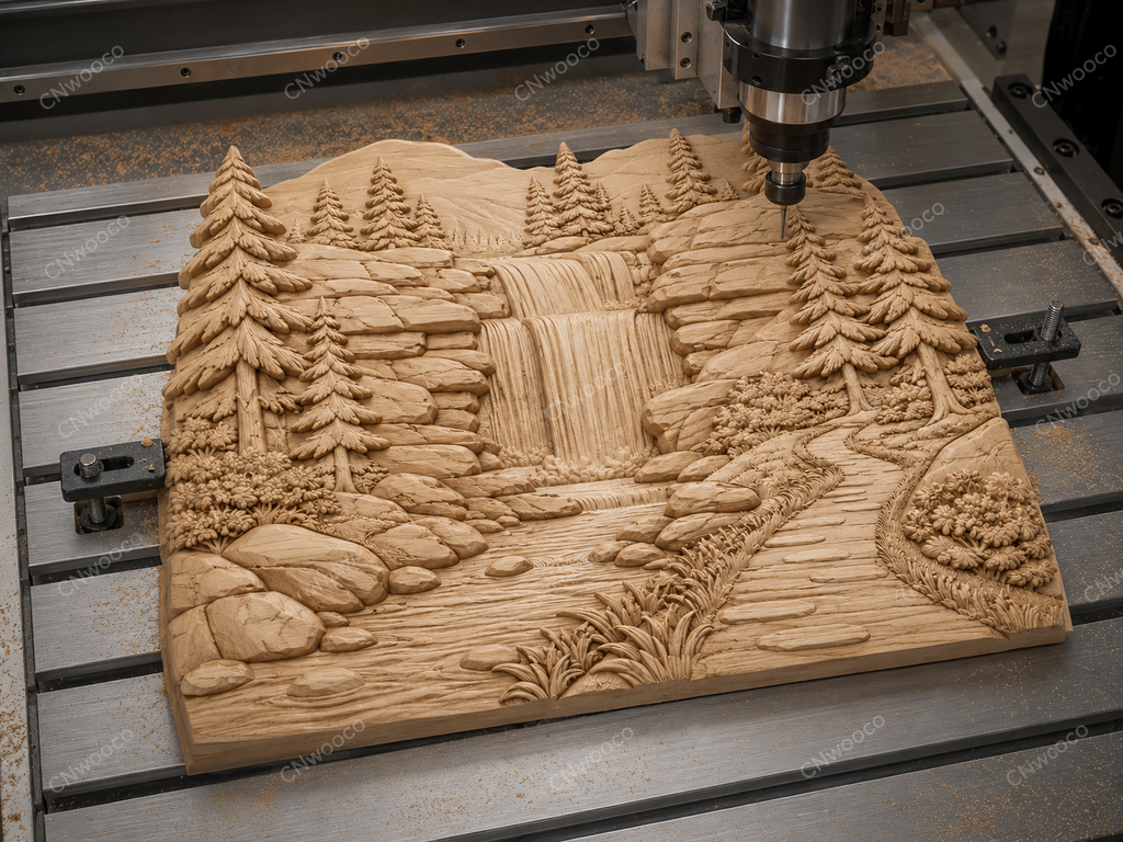 CNC & impression 3D relief cascade en forêt, paysage montagne sapins, chemin nature, sculpture bois fichier STL haute qualité