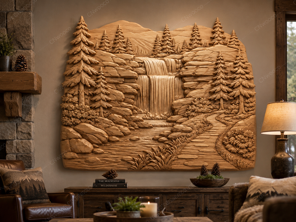 CNC & impression 3D relief cascade en forêt, paysage montagne sapins, chemin nature, sculpture bois fichier STL haute qualité