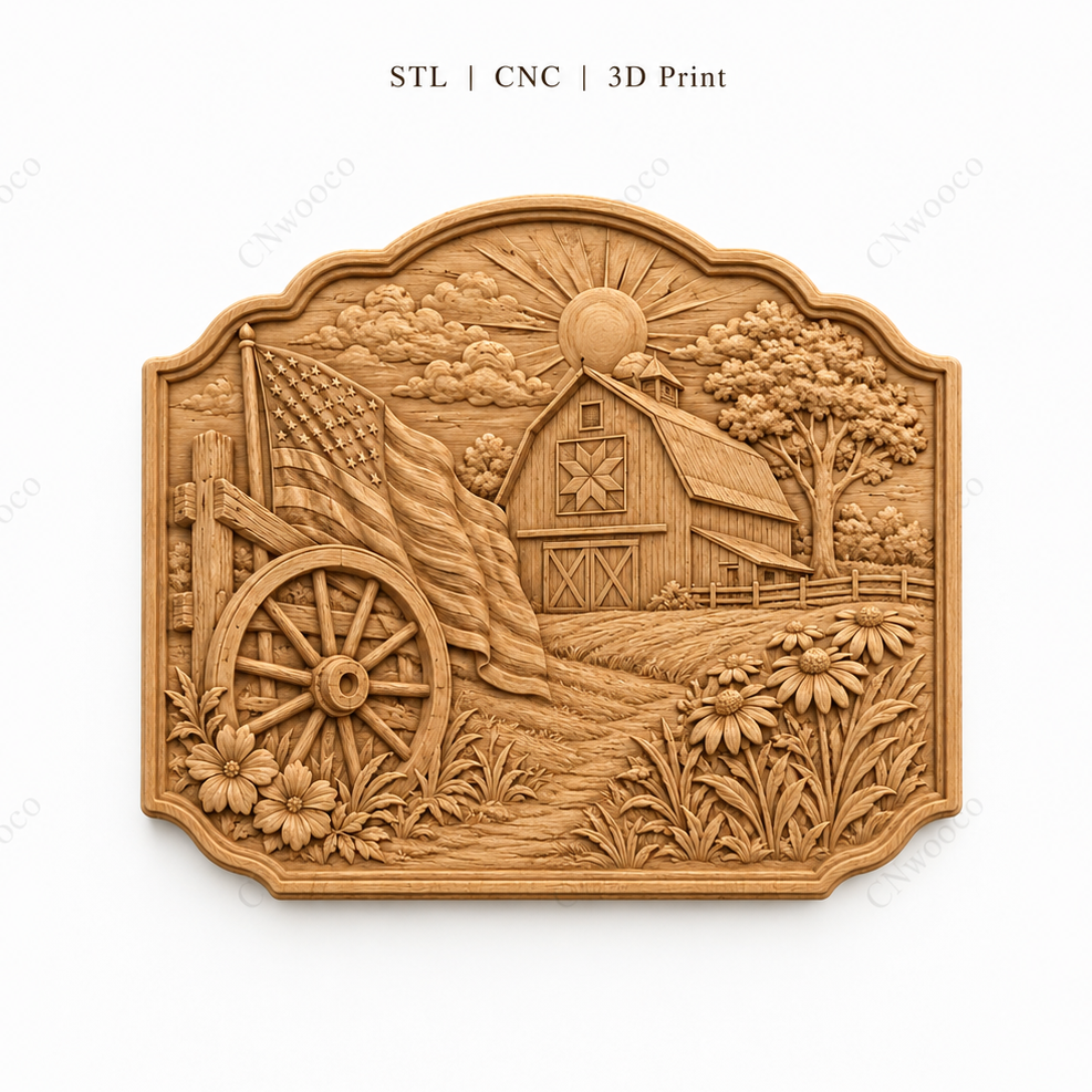 CNC & impression 3D relief ferme américaine, grange country avec drapeau et roue de chariot, fichier STL haute qualité