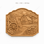 CNC & impression 3D relief ferme américaine, grange country avec drapeau et roue de chariot, fichier STL haute qualité